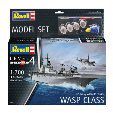 KIT PARA MONTAR REVELL MODEL SET US NAVY ASSAULT CARRIER WASP CLASS 1/700 142 PEÇAS COMPLETO COM TINTAS COLA E PINCEL REV 65178